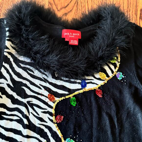 VTG Christmas Lights Sweater Womens L Faux Fur Collar Ugly Christmas Zebra - Picture 3 of 9